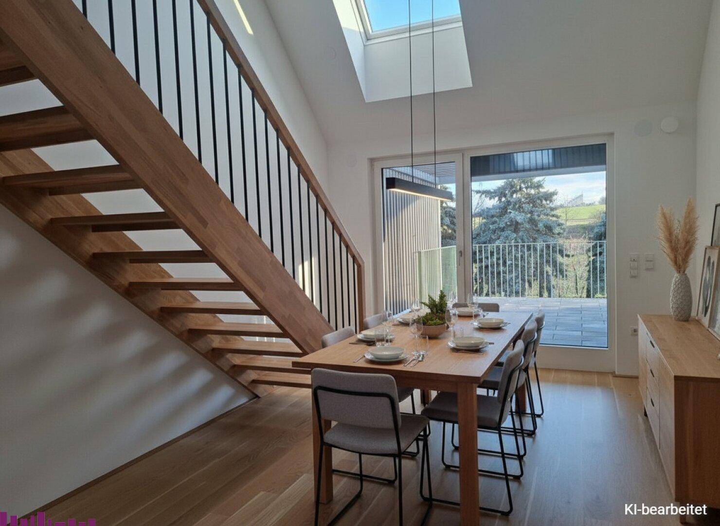 Heller Essbereich mit Holzboden, offener Holztreppe und Zugang zu einem Balkon mit Weitblick.