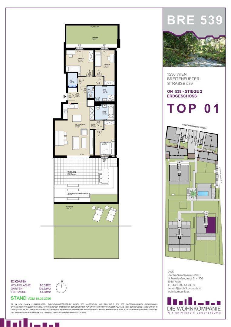 Grundriss einer Erdgeschosswohnung mit offenem Wohnbereich, zwei Schlafzimmern, zwei Bädern, separatem WC, großer Terrasse und eigenem Garten.