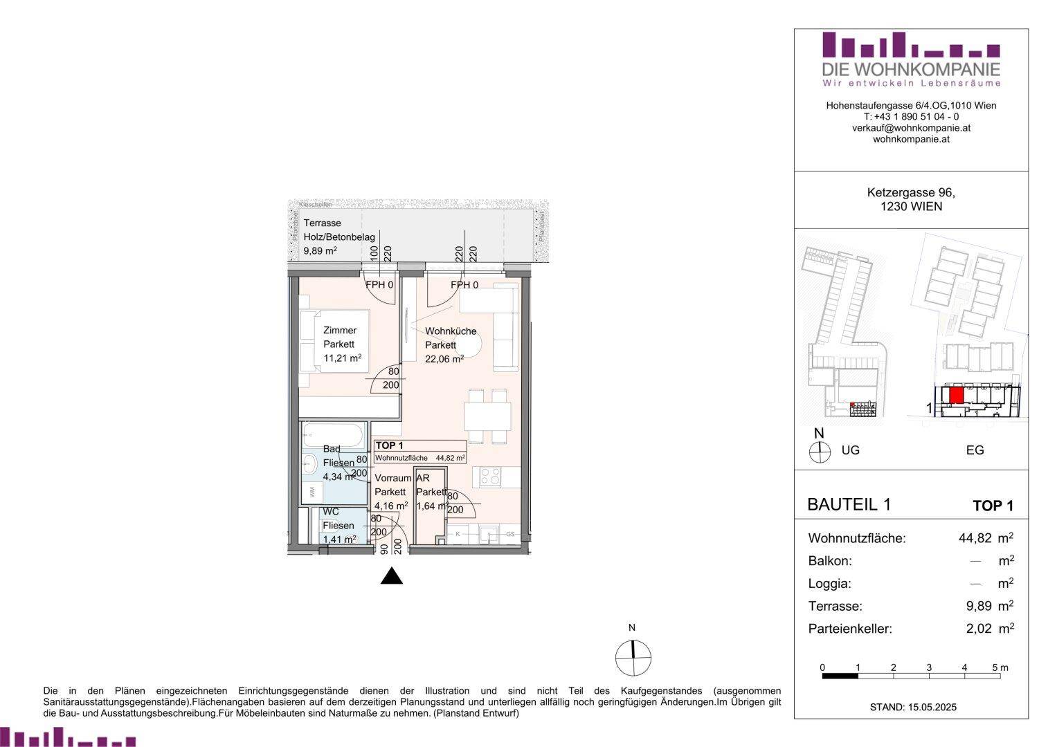 Grundriss der Wohnung TOP 1 mit Terrasse, Wohnküche, Schlafzimmer und separatem WC.
