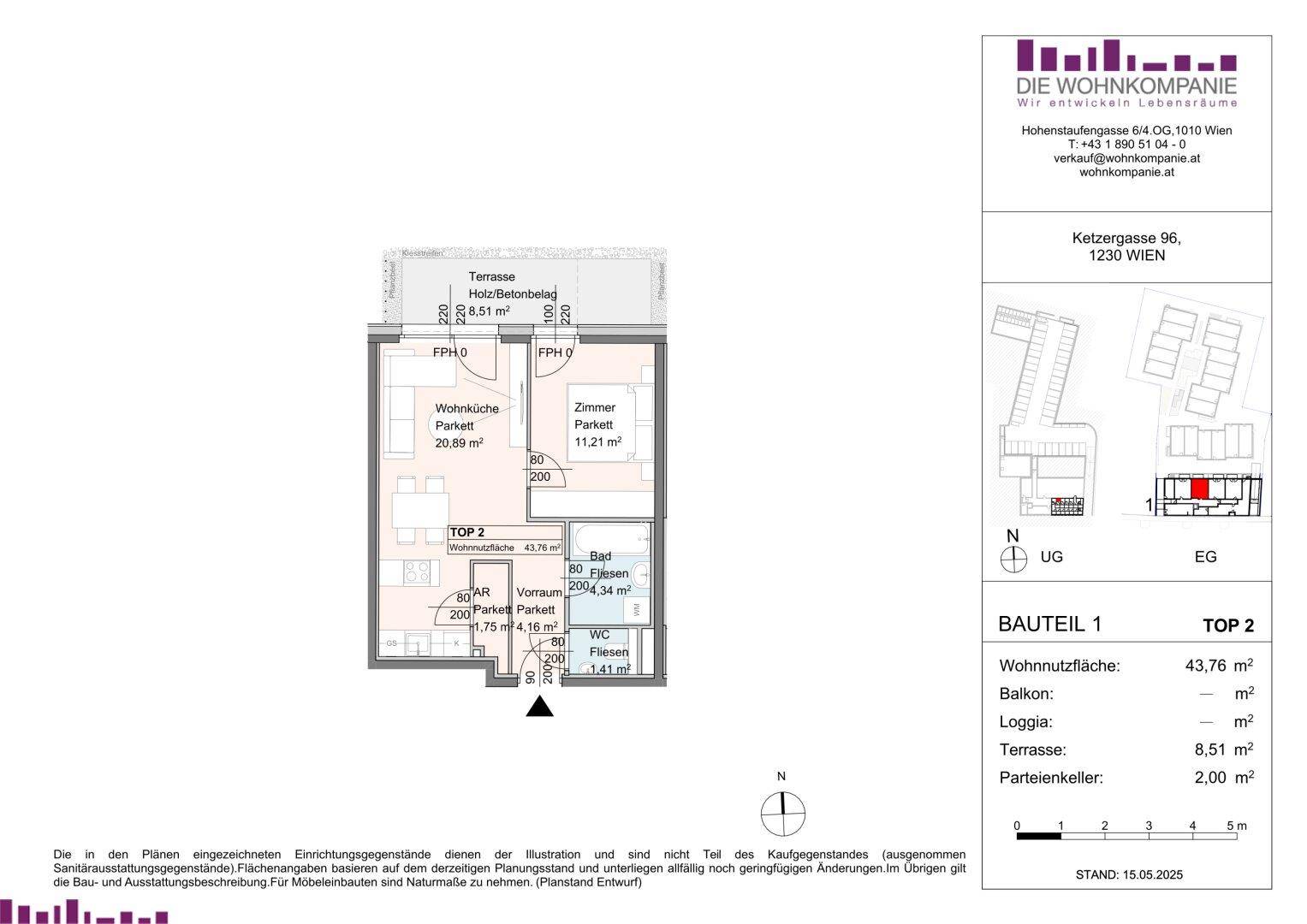 Grundriss einer 2-Zimmer-Wohnung mit offener Wohnküche, Bad, WC und Terrasse.