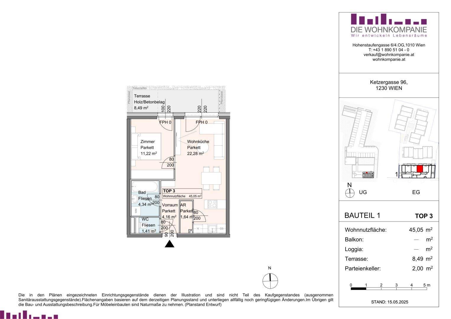 Grundriss der Wohnung TOP 3 mit Wohnküche, Schlafzimmer, Bad und Terrasse.