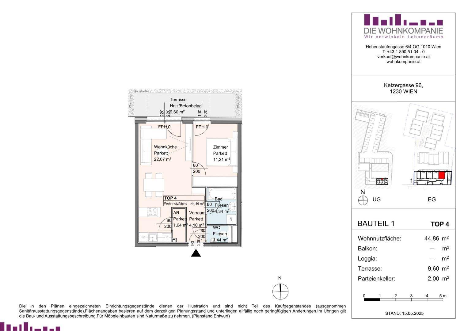 Grundriss der Wohnung TOP 4 mit Wohnküche, Zimmer, Bad und Terrasse.