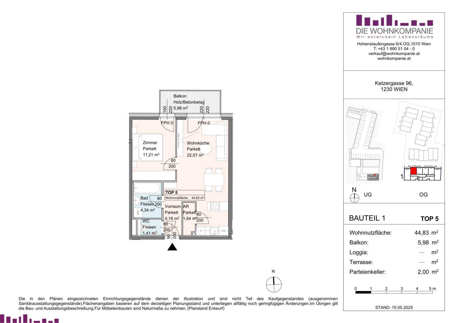 Grundriss einer Wohnung mit Balkon, Schlafzimmer und offenem Wohn-Essbereich.