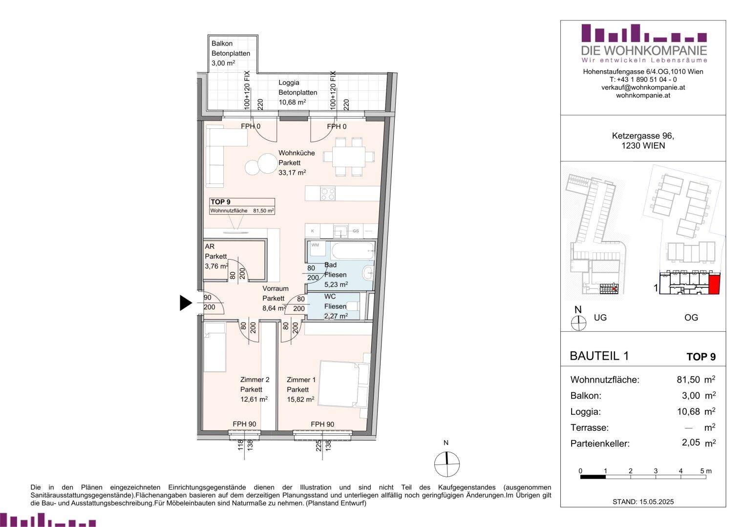 Grundriss der Wohnung Top 9 mit Balkon, Loggia und zwei Schlafzimmern.