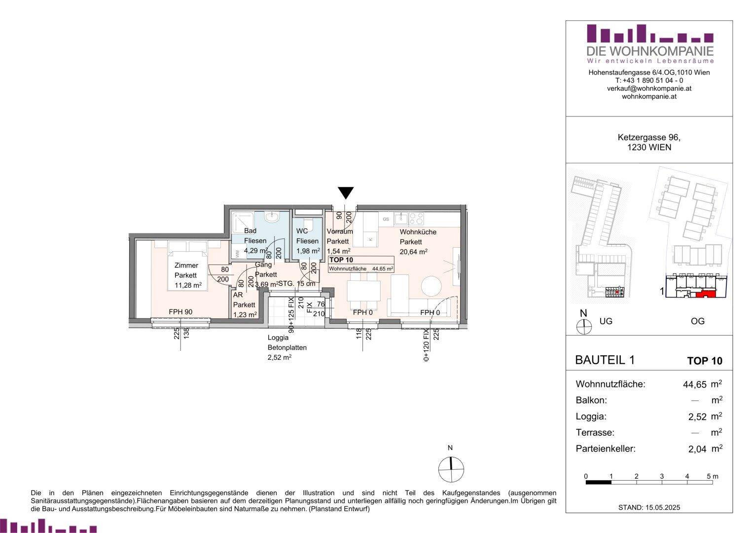Grundriss einer Wohnung mit Wohnküche, Schlafzimmer und Loggia.