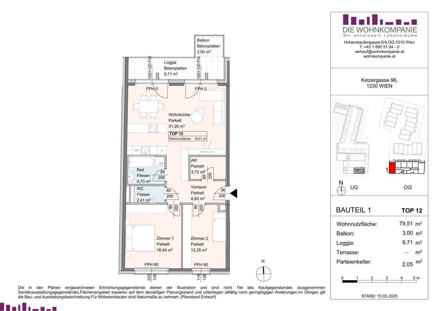 Detaillierter Grundriss einer Wohnung mit Balkon und Loggia, inklusive Flächenangaben.