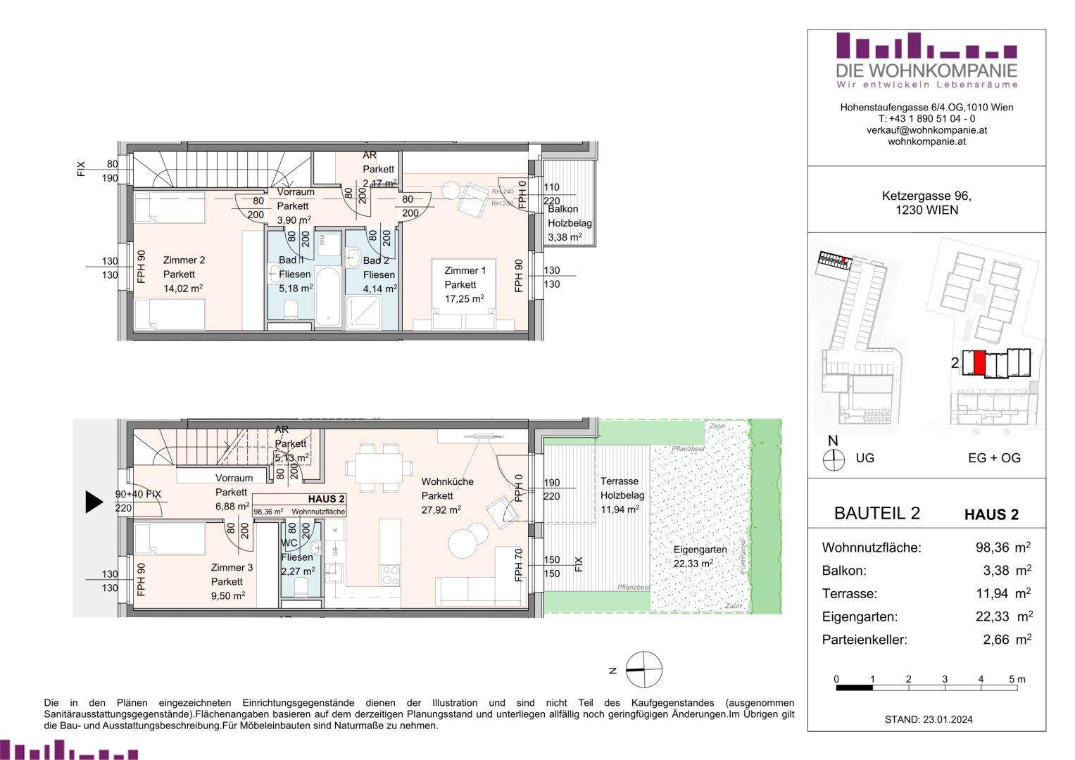 Detaillierter Grundriss von Haus 2 mit zwei Etagen, Balkon, Terrasse und Eigengarten.
