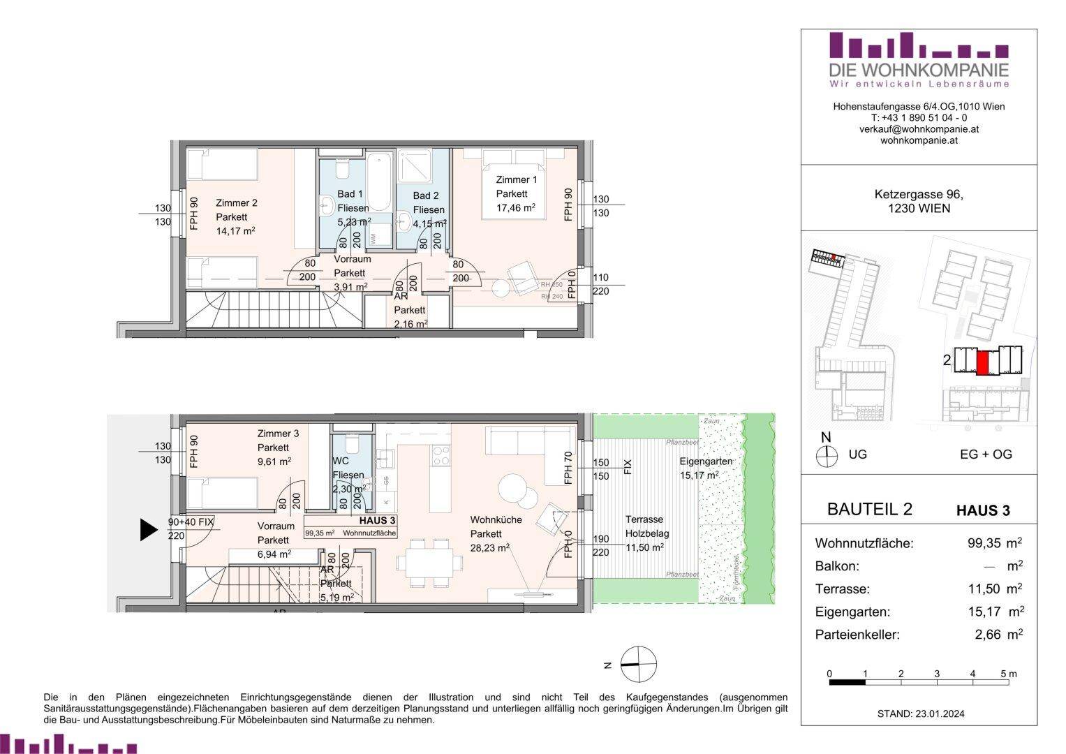 Grundriss von Haus 3 mit zwei Etagen, drei Zimmern, zwei Bädern und einer Terrasse mit Gartenanteil.