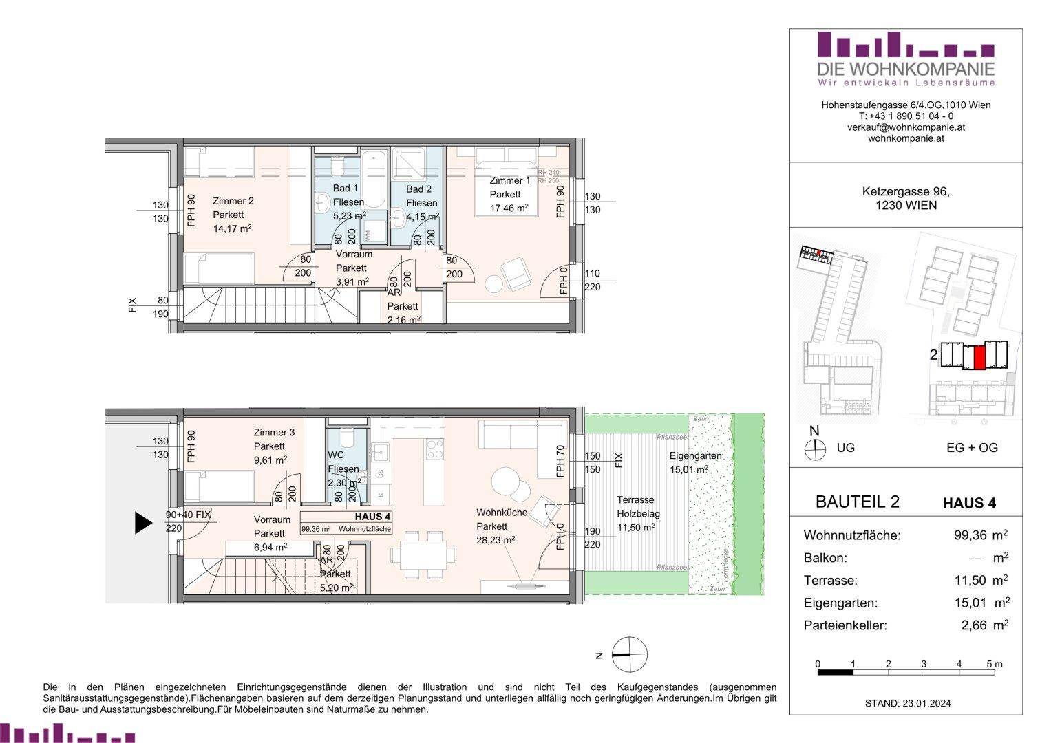 Detaillierter Grundriss von Haus 4 mit zwei Etagen, Balkon, Terrasse und Eigengarten.