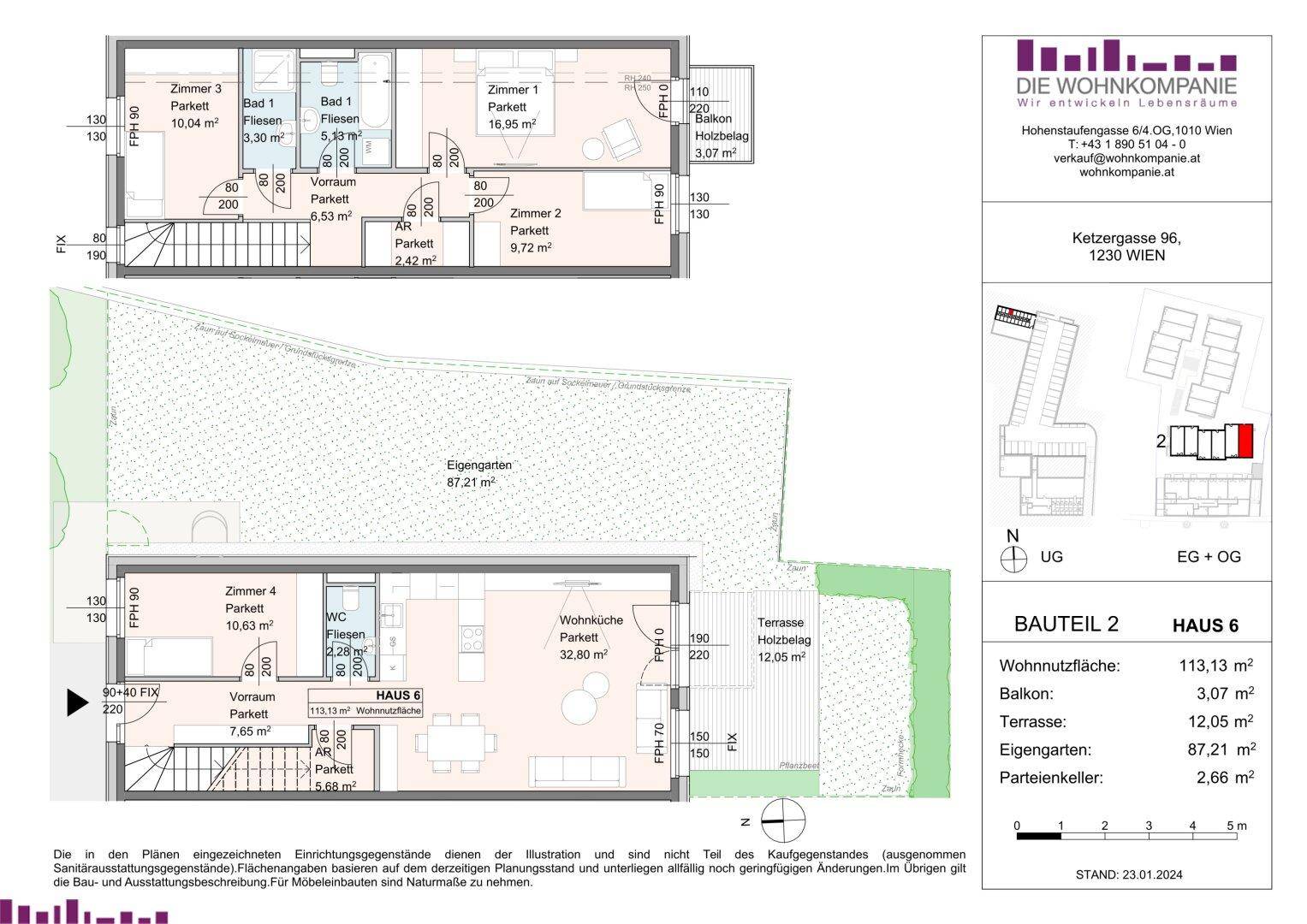 Grundriss von Haus 6 mit zwei Etagen, Balkon, Terrasse und Gartenanteil, inklusive Keller und Abstellraum.