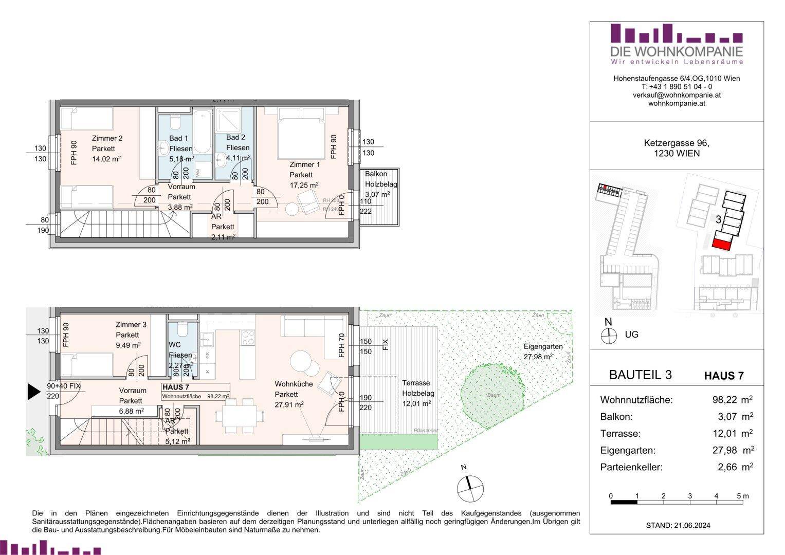 Grundriss von Haus 7 mit drei Zimmern, zwei Bädern, Balkon und Terrasse.