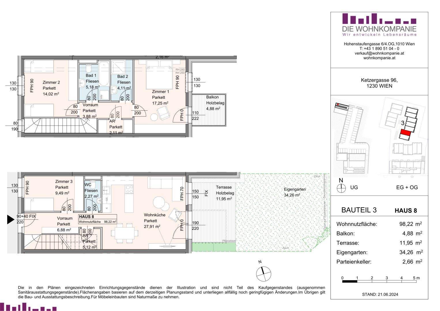 Detaillierter Grundriss von Haus 8 mit zwei Etagen, Balkon, Terrasse und eigenem Garten.