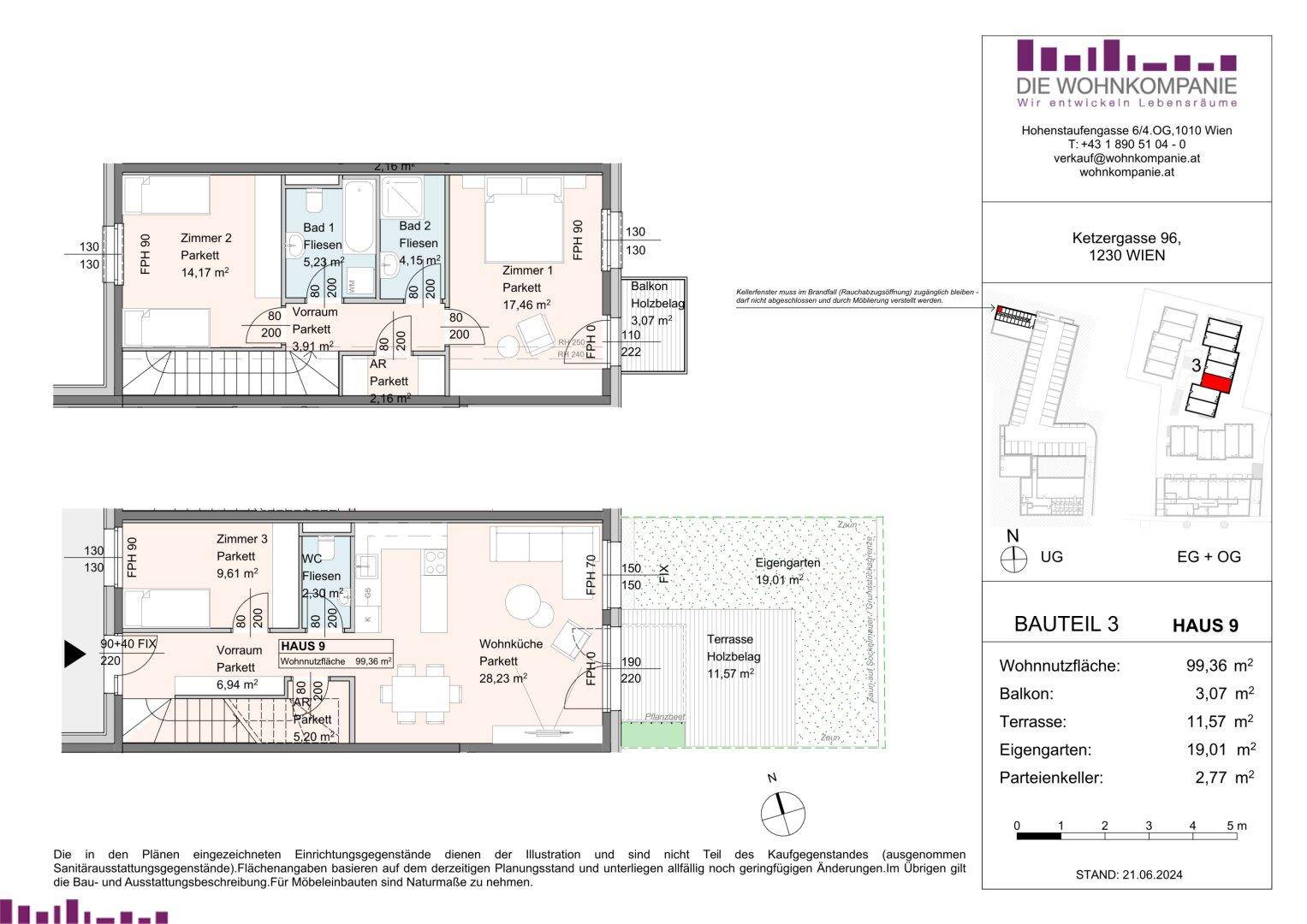 Detaillierter Grundriss von Haus 9 mit Wohnflächenangaben und Außenbereichen.