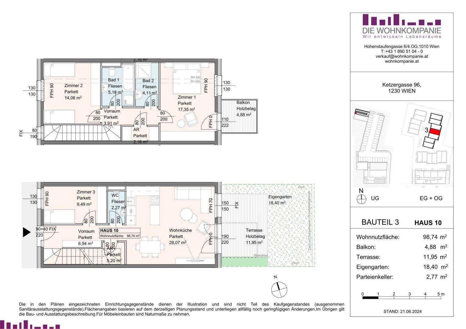 Detaillierter Grundriss von Haus 10 mit Wohnflächenangaben und Außenbereichen.