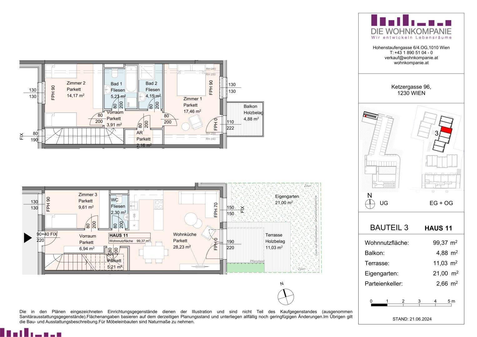 Detaillierter Grundriss von Haus 11 mit zwei Etagen, Balkon, Terrasse und eigenem Garten.