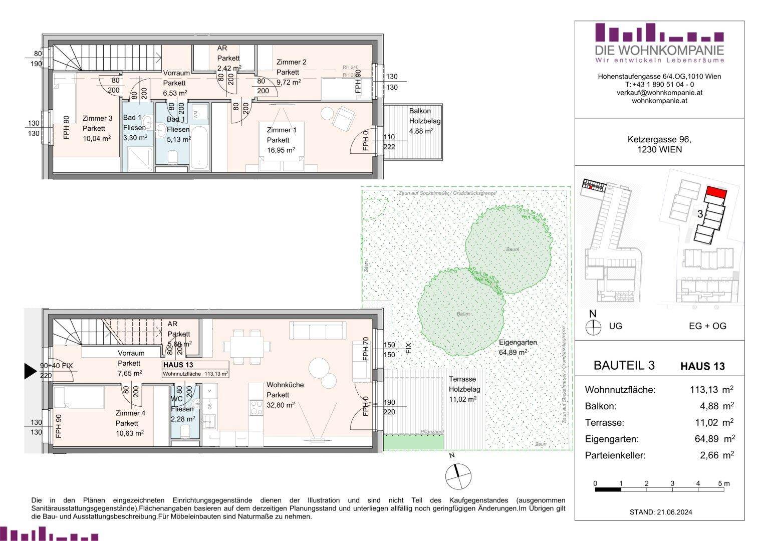 Grundriss von Haus 13 mit zwei Ebenen, Balkon, Terrasse und privatem Garten.