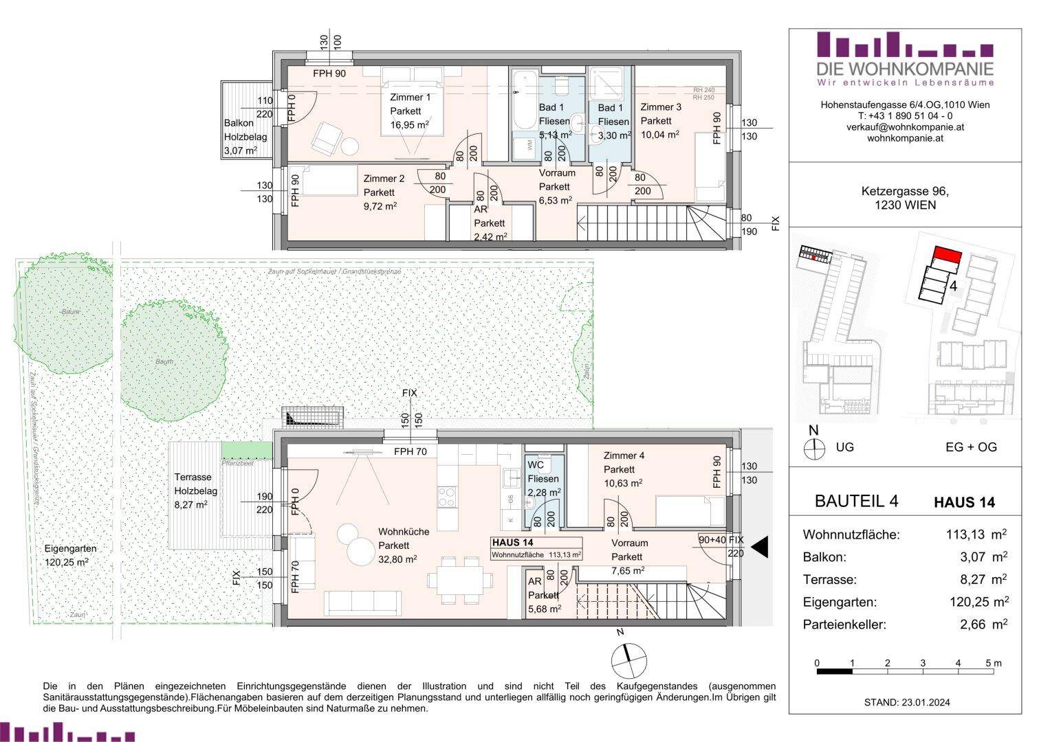 Grundriss für Haus 14, Erdgeschoss und Obergeschoss, mit Terrasse, Garten und Balkon.