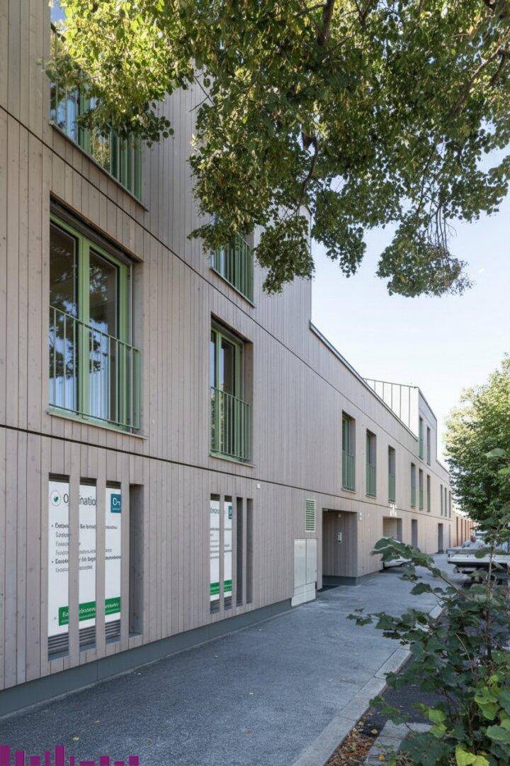 Moderne Gebäudefassade mit Holzverkleidung, grünen Fensterrahmen und kleinen Balkonen.