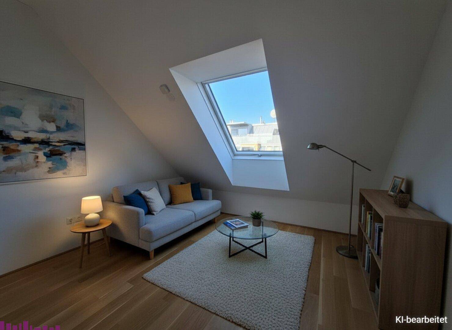 Helles Wohnzimmer im Dachgeschoss mit schräger Decke, Dachfenster und moderner Einrichtung.