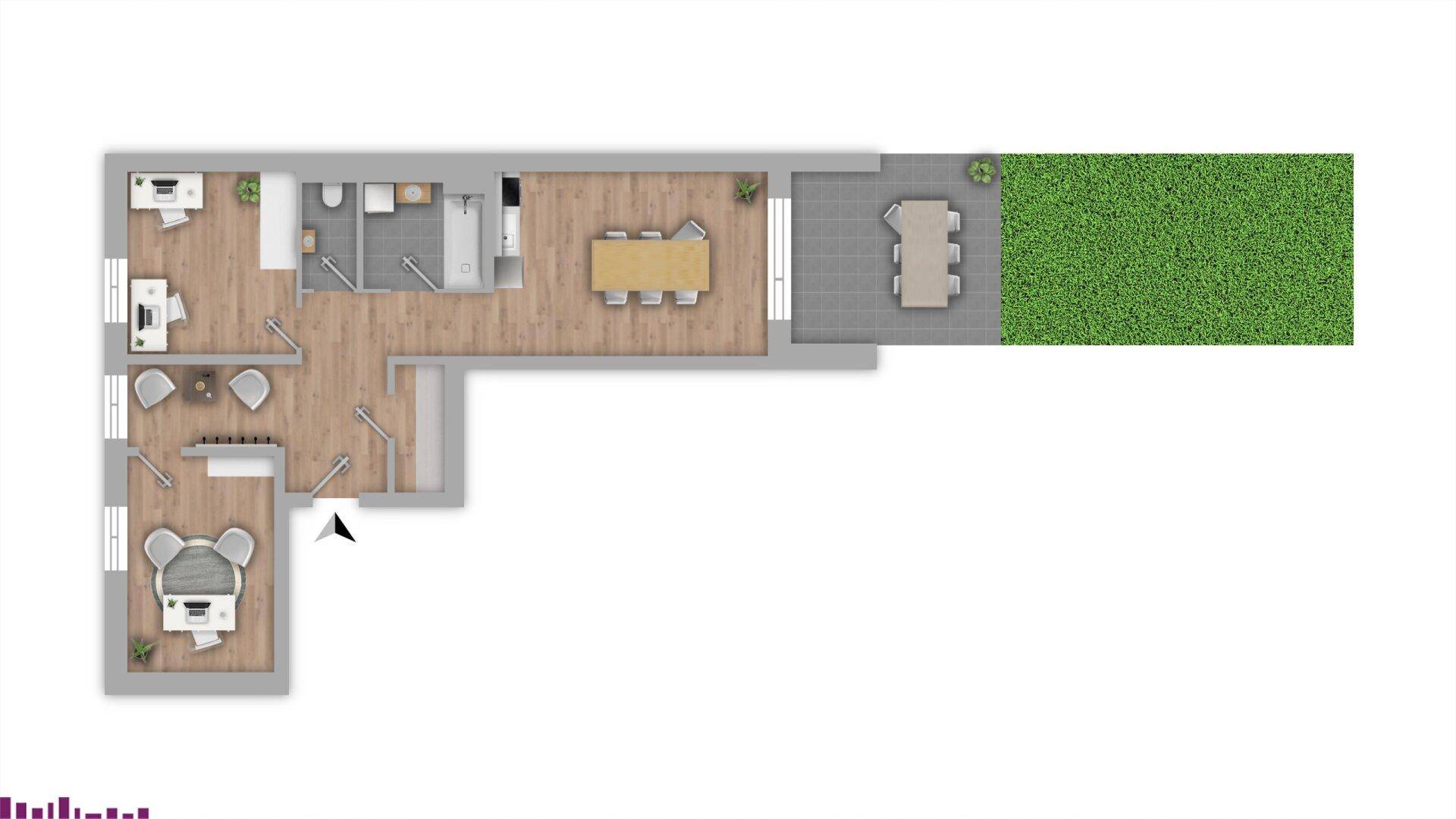 Grundriss einer Wohnung mit mehreren Zimmern, zwei Bädern, offenem Essbereich, großer Terrasse und Garten.