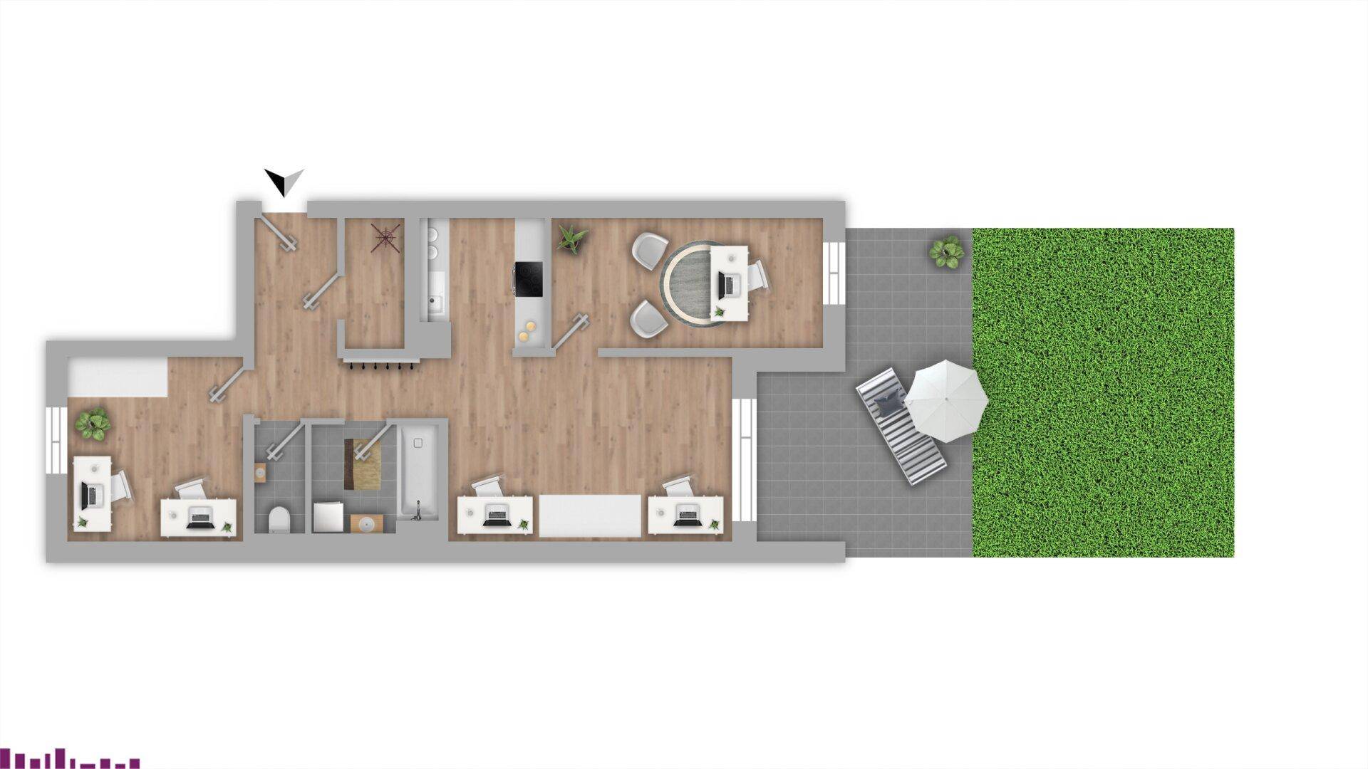 Grundriss einer Wohnung mit mehreren Zimmern, offener Küche, zwei Bädern, Terrasse und Gartenbereich.