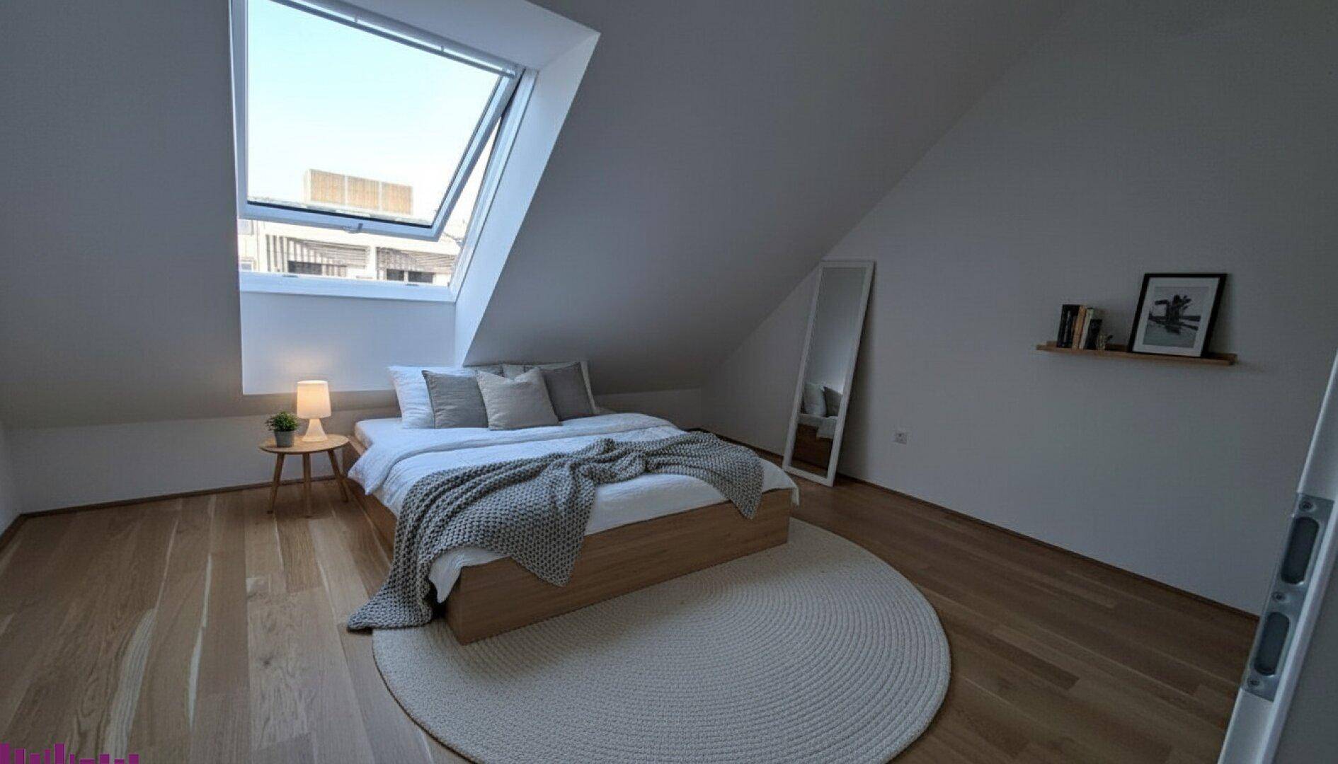 Helles Schlafzimmer im Dachgeschoss mit großem Dachfenster, Holzboden und moderner Einrichtung.