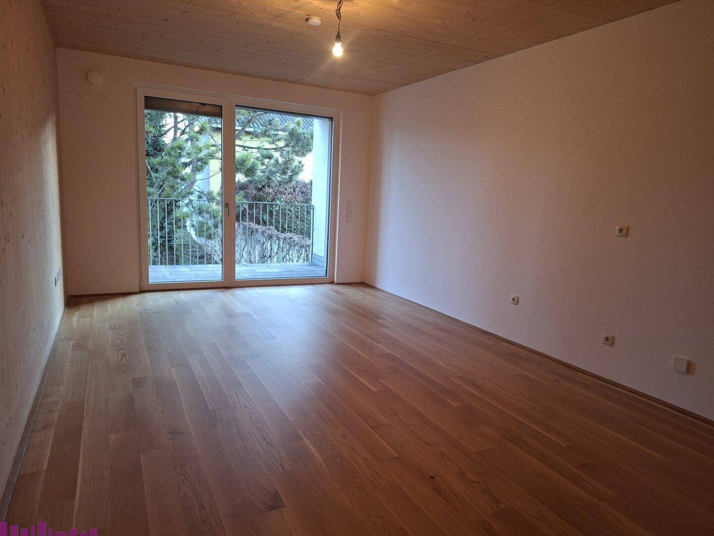 Heller Wohnraum mit Holzboden, Holzwänden und Zugang zu einem französischen Balkon.