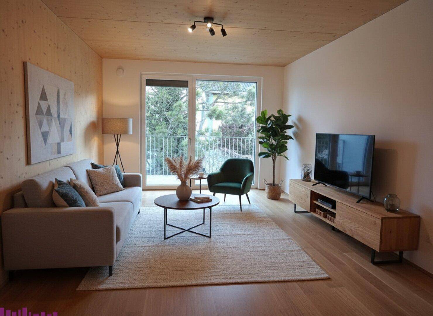 Gemütliches Wohnzimmer mit Holzboden, modernen Möbeln und Zugang zum Balkon.