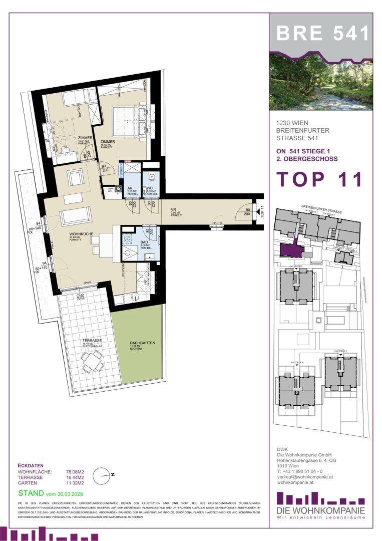 Grundriss einer Wohnung im Obergeschoss mit Terrasse und Dachgarten.