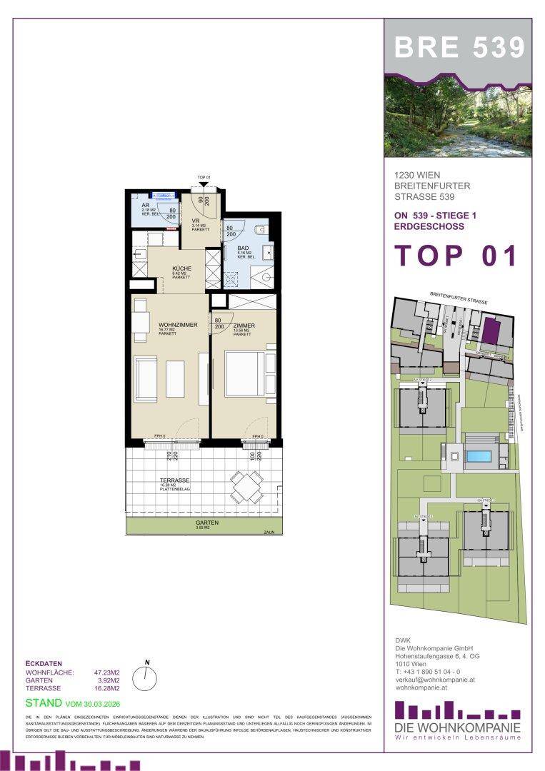 Grundriss für Top 01 mit Wohnzimmer, Küche, Schlafzimmer, Bad, WC, Terrasse und Garten.
