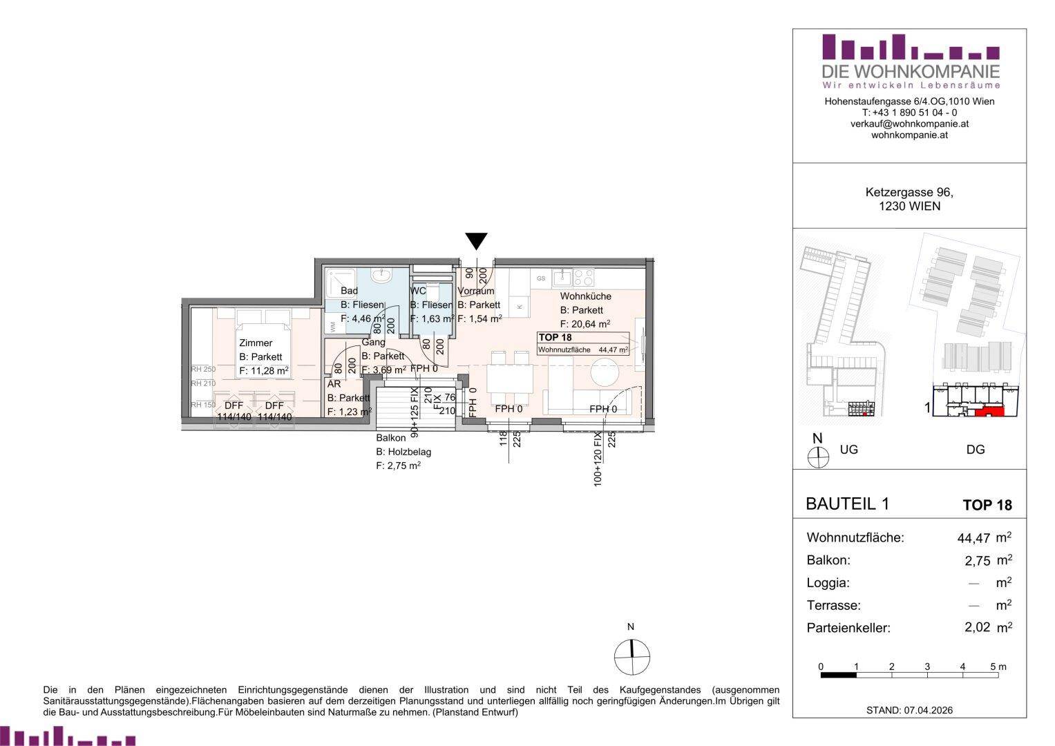 Grundrissplan einer Wohnung mit offener Wohnküche, einem Schlafzimmer, Bad, separatem WC und Balkon.