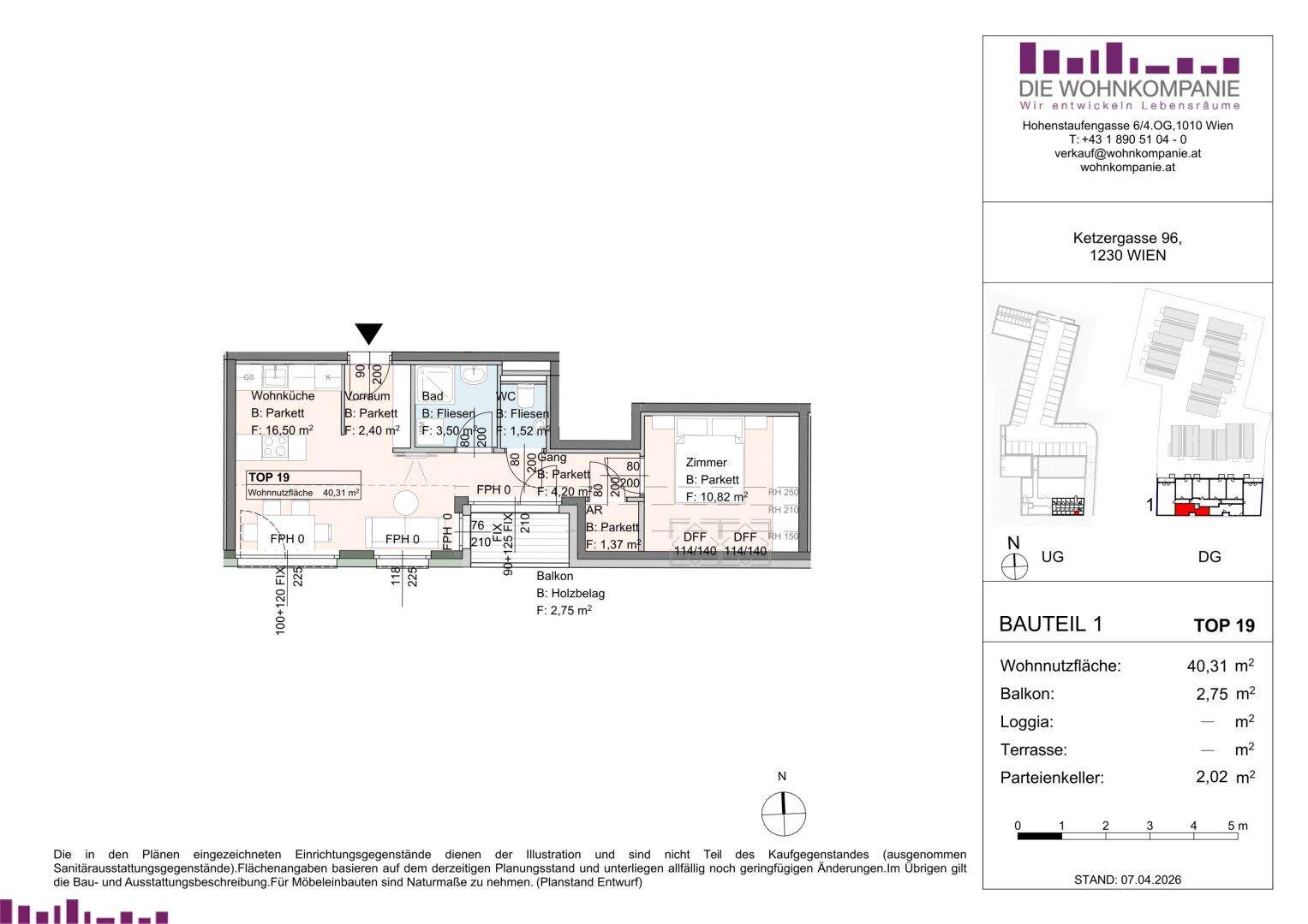 Grundriss der Wohnung TOP 19 mit offener Wohnküche, einem Schlafzimmer, Bad, separatem WC und Balkon.