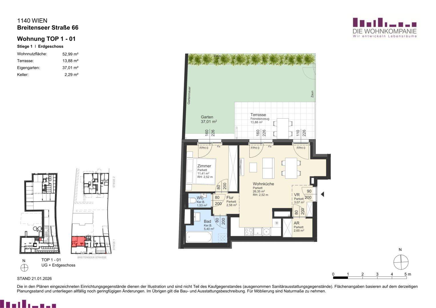 Grundriss der Wohnung TOP 1-01 im Erdgeschoss mit Garten und Terrasse.
