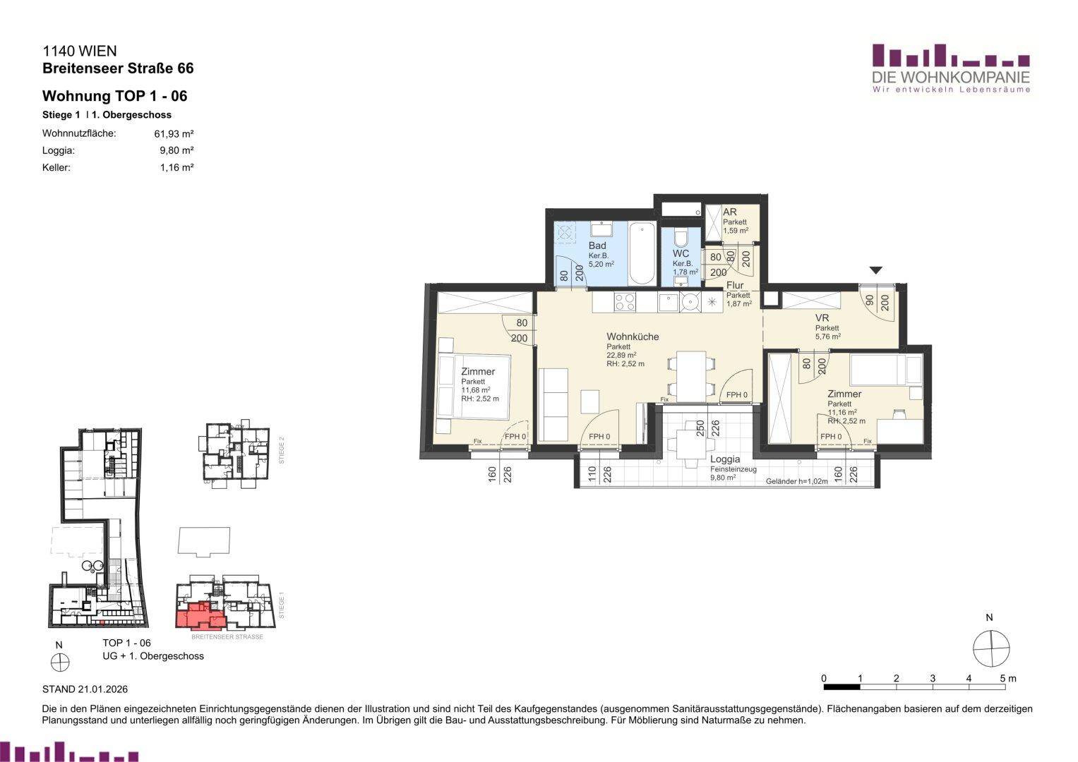 Grundriss der Wohnung TOP 1-06 mit Wohnküche, zwei Zimmern und Loggia.