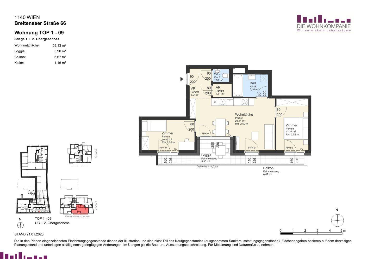 Grundriss der Wohnung TOP 1-09 im 2. Obergeschoss mit Loggia und Balkon.