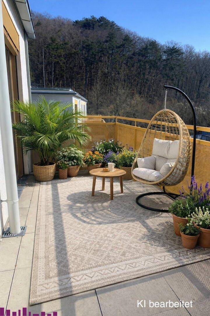 Sonniger Balkon mit gemütlichem Hängesessel und Pflanzen, bietet einen grünen Blick auf bewaldete Hügel.