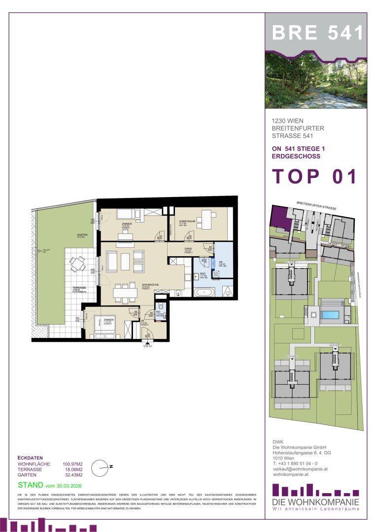 Detaillierter Grundriss einer Erdgeschosswohnung mit Terrasse und Gartenbereich.