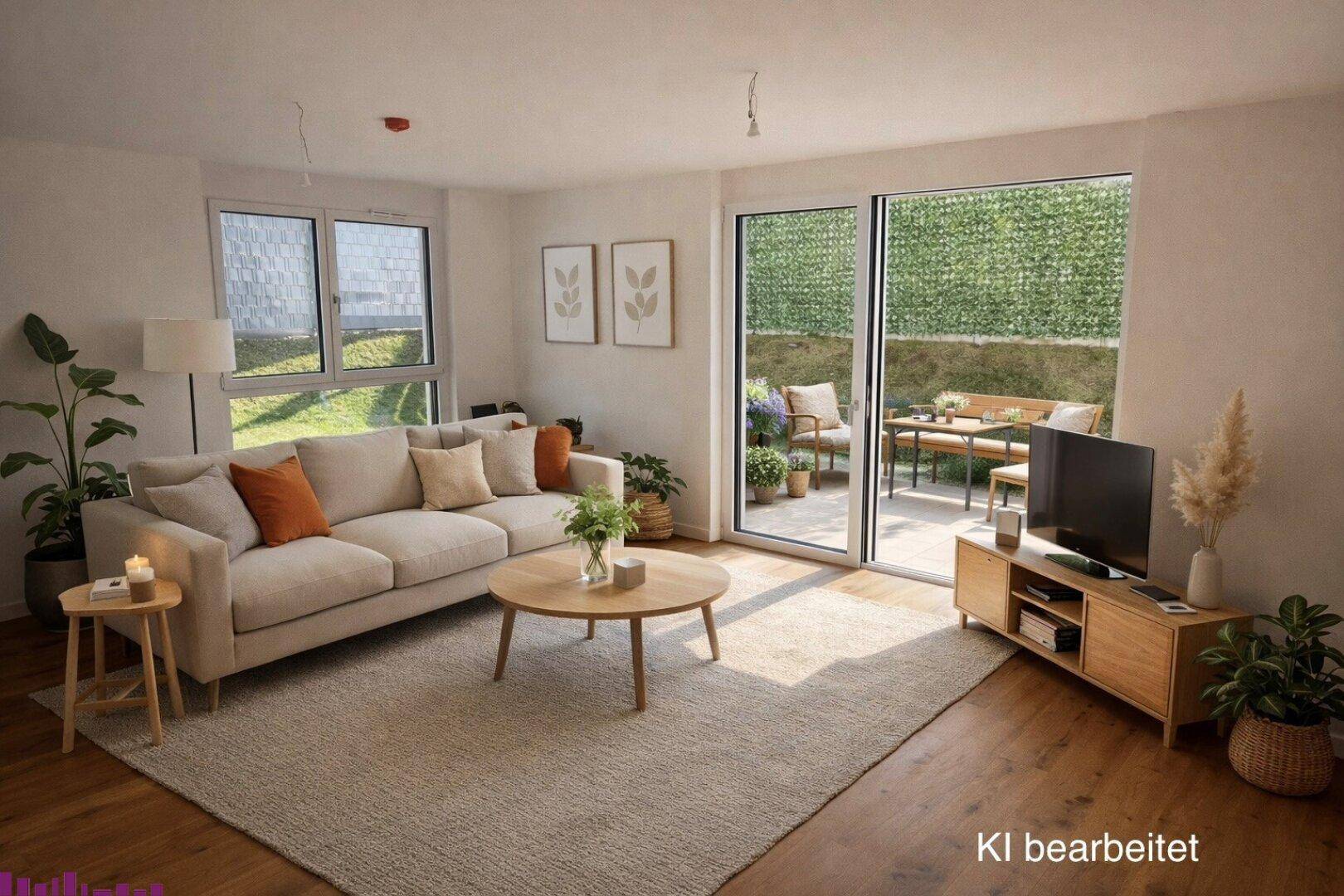 Gemütliches Wohnzimmer mit Zugang zu einer privaten Terrasse und Blick ins Grüne.
