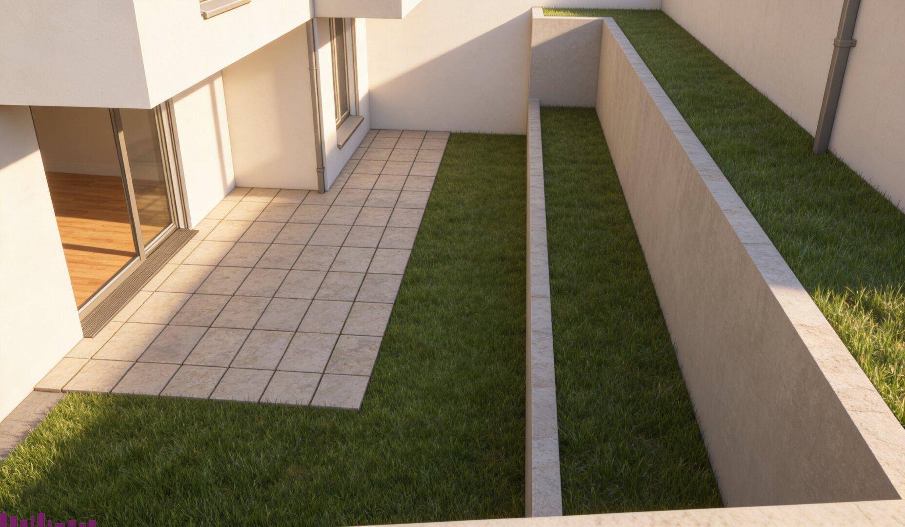 Abgesenkter Gartenbereich mit Rasen und Betonwänden, der Licht in die unteren Etagen bringt.