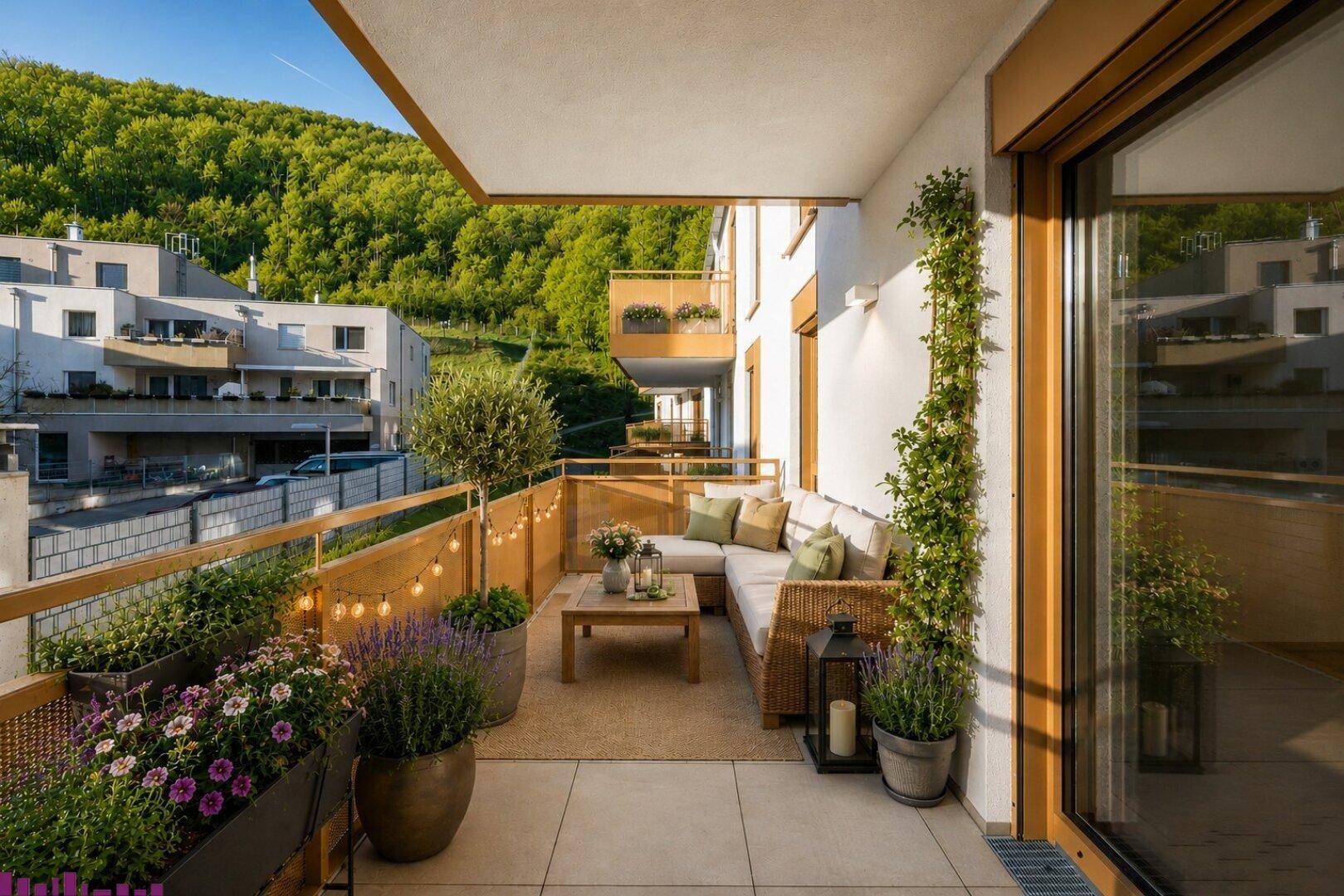 Geräumiger Balkon mit bequemen Loungemöbeln, üppigen Pflanzen und sonnigem Ausblick.
