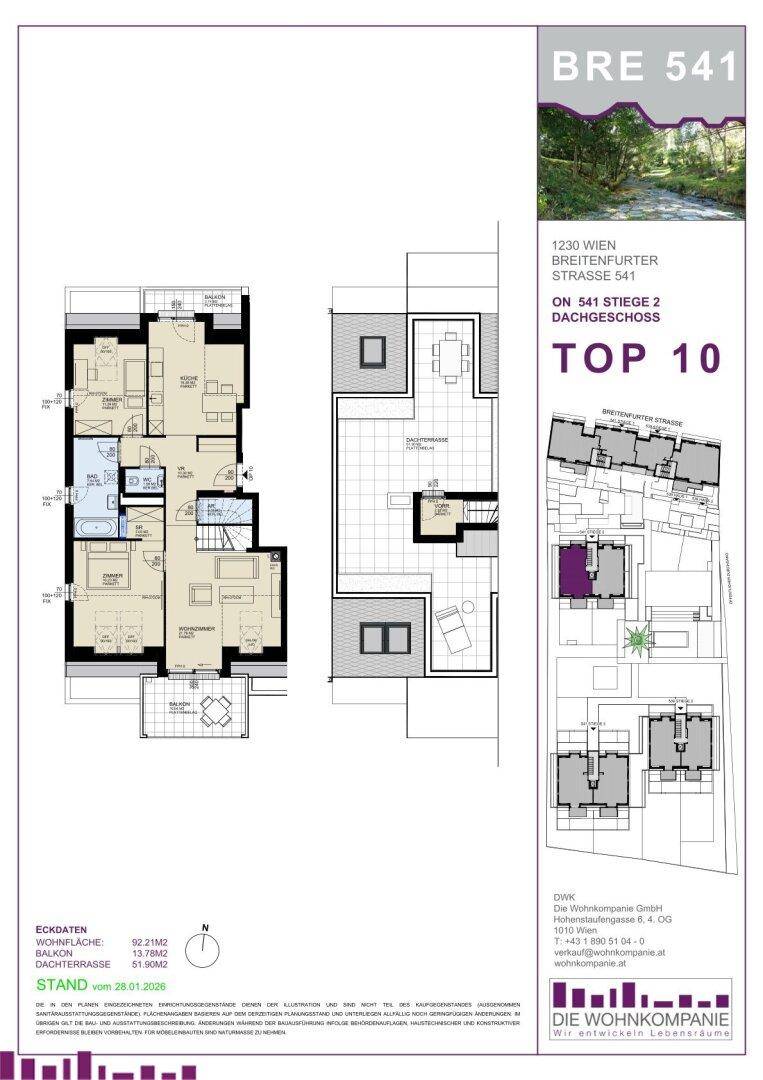 Detaillierter Grundriss einer modernen Maisonette-Wohnung im Dachgeschoss mit offenem Wohnbereich, Balkon und großer Dachterrasse.