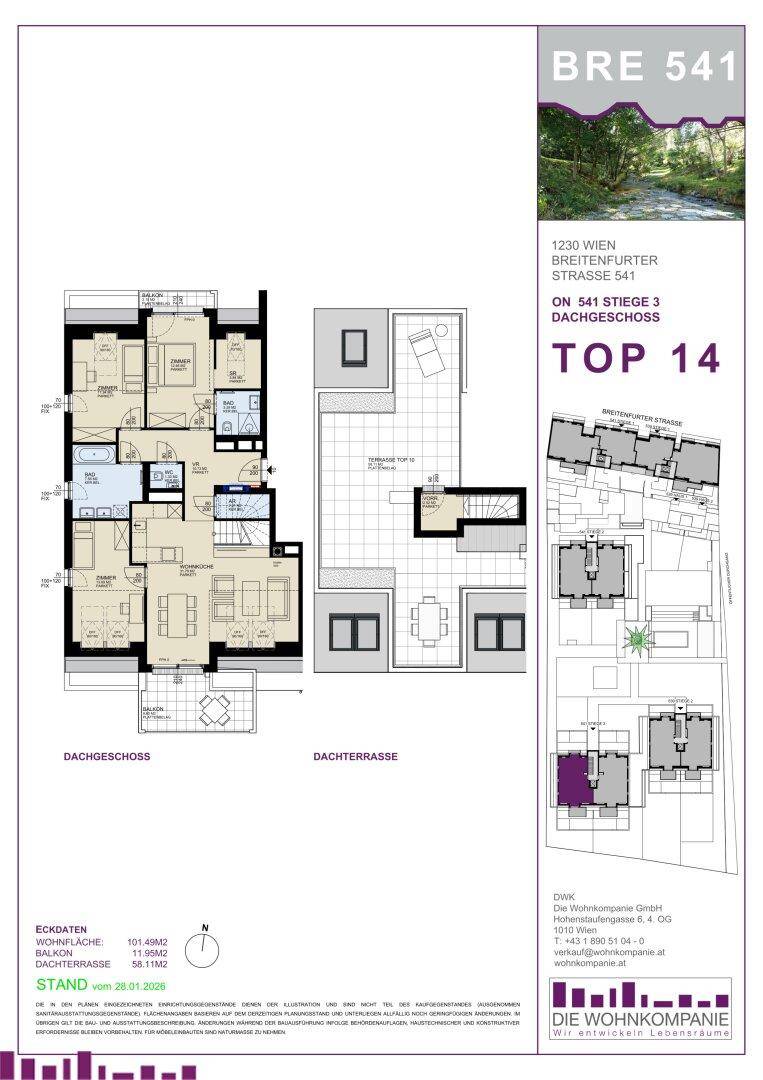 Grundriss einer Dachgeschosswohnung mit Balkon, großer Dachterrasse und offenem Wohnbereich.