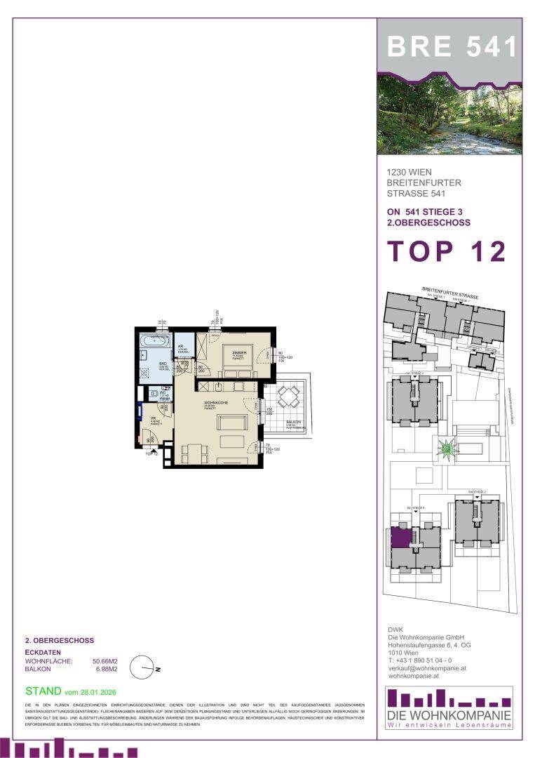 Grundriss einer Wohnung im 2. Obergeschoss mit Balkon und zugehörigem Lageplan.