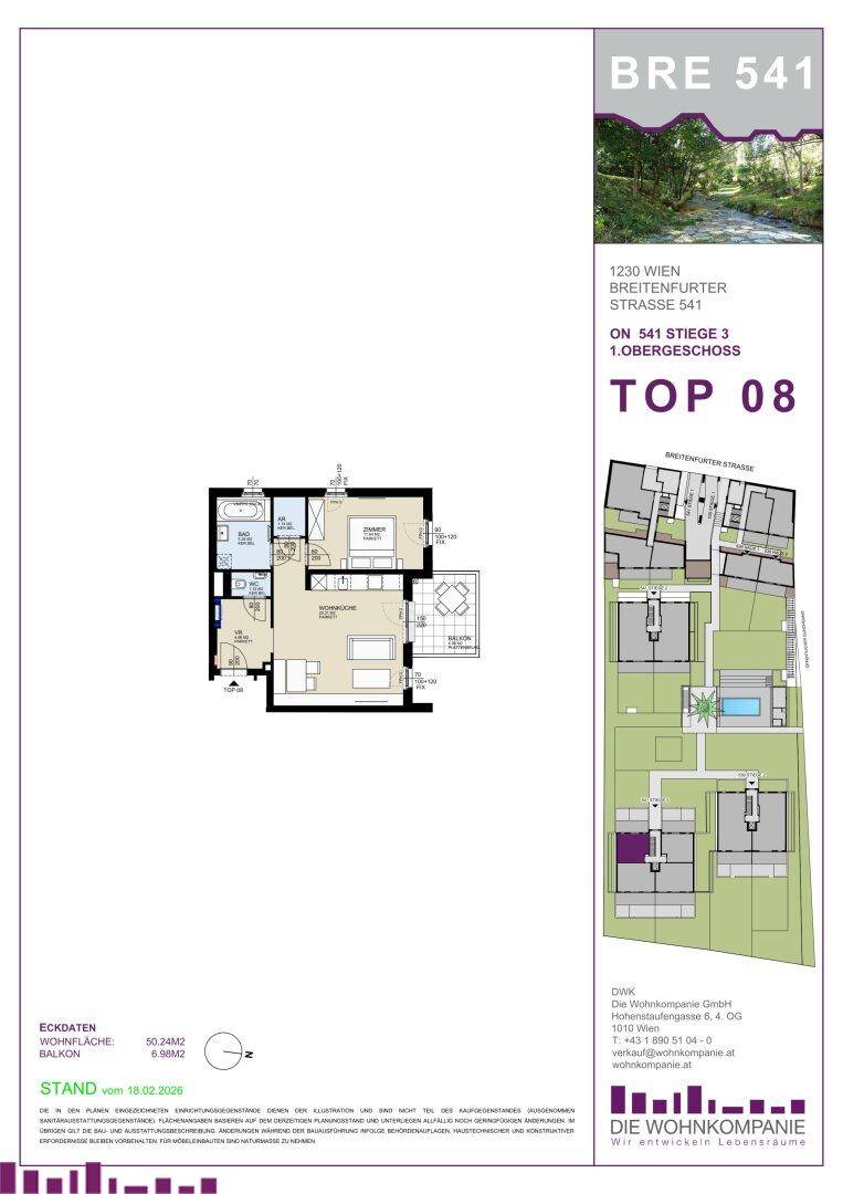 Grundriss einer modernen Wohnung mit offenem Wohnbereich, einem Schlafzimmer, Bad und Balkon.
