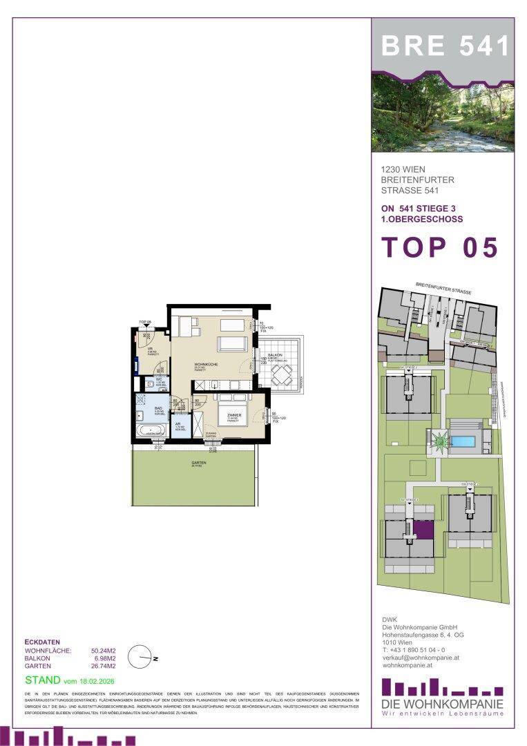 Grundriss einer Wohnung im ersten Obergeschoss mit offener Wohnküche, einem Schlafzimmer, Bad, Balkon und Garten.