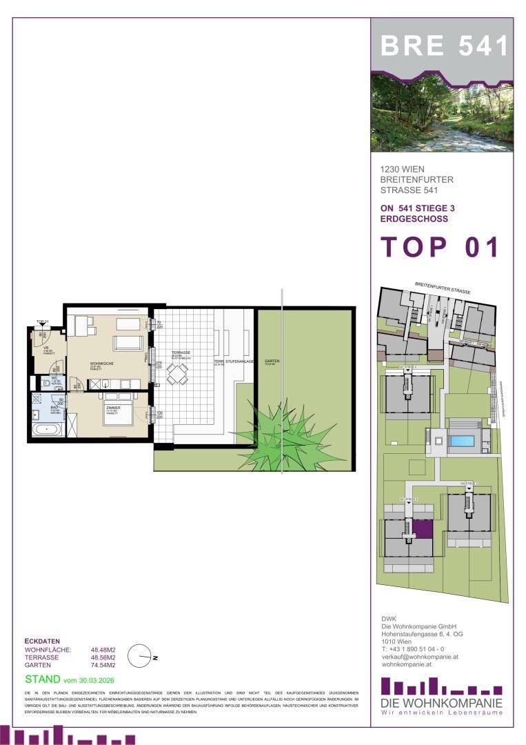 Grundriss einer Erdgeschosswohnung mit Terrasse und Gartenbereich sowie Lageplan der Anlage.