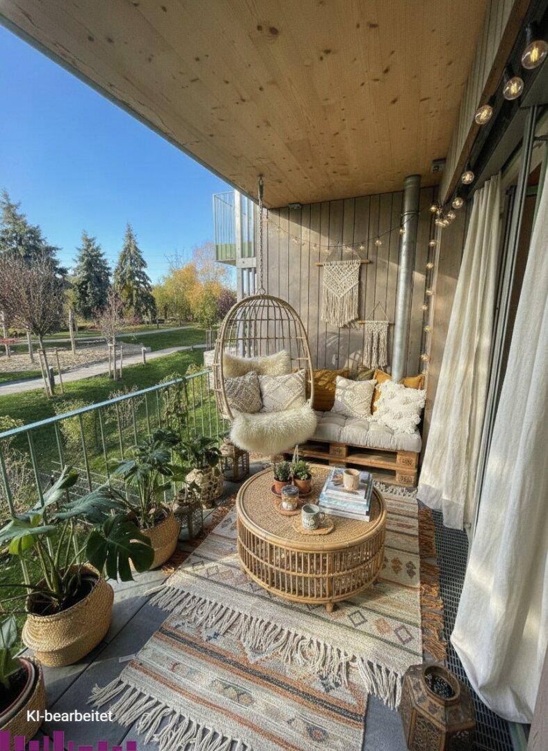 Gemütlicher Balkon mit Hängesessel, Palettensofa und Boho-Dekoration, umgeben von Grün.