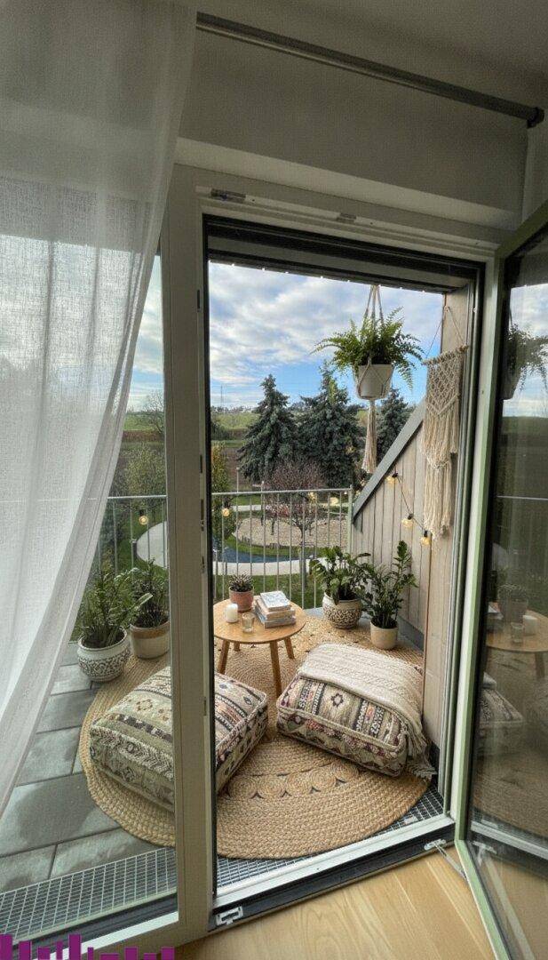 Balkon mit gemütlicher Sitzecke und Blick ins Grüne, zugänglich durch eine Glastür.