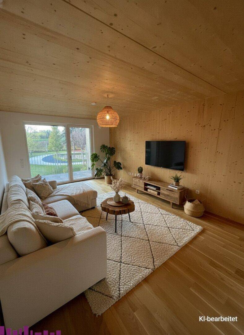 Gemütliches Wohnzimmer mit großem Sofa, Holzboden und Zugang zum Gartenbereich.