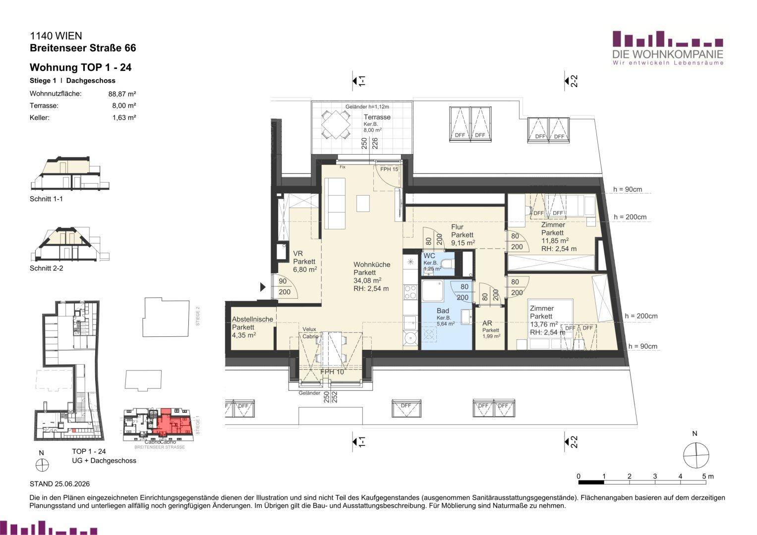 Detaillierter Grundriss einer Dachgeschosswohnung mit Terrasse und drei Zimmern.